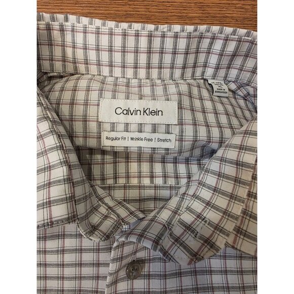 Calvin Klein Mens XL 17-17.5 (34/35) Regular Fit Stretch Wrinkle Free Plaid Gray - Picture 2 of 11